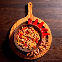 Chicken fajitas with peppers on wooden shelf