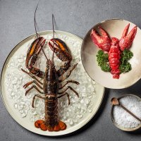 Platter of ice on ice, platter of ice with green decoration and decorative bowl with salt