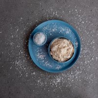 Mantecate cod, blue bowl and smaller bowl with decorative salt