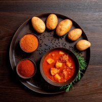 Gulaschsoups with potato decoration, bowls of spices and rosemary